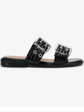 Ganni Feminine Buckle Two-Strap Sandals in Black